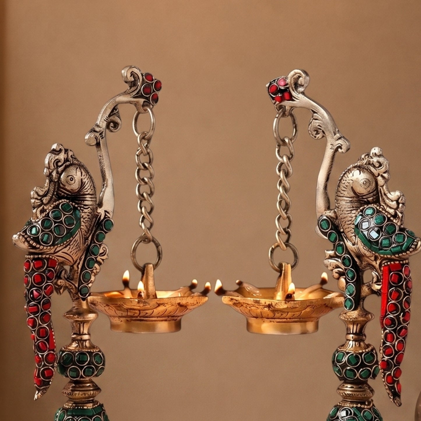 Peacock Pair Brass Hanging Diyas (Set of 2) with Box