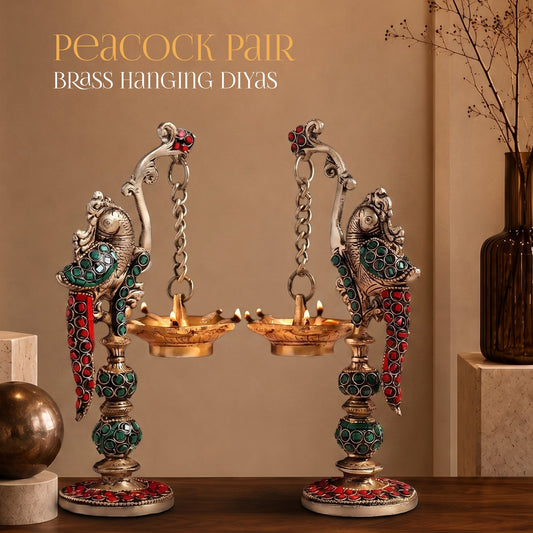 Peacock Pair Brass Hanging Diyas (Set of 2) with Box