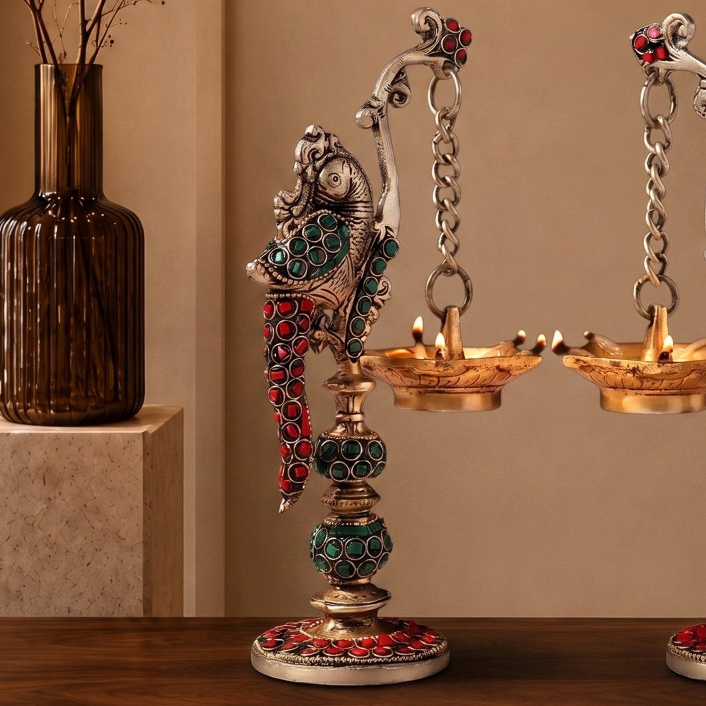 Peacock Pair Brass Hanging Diyas (Set of 2) with Box