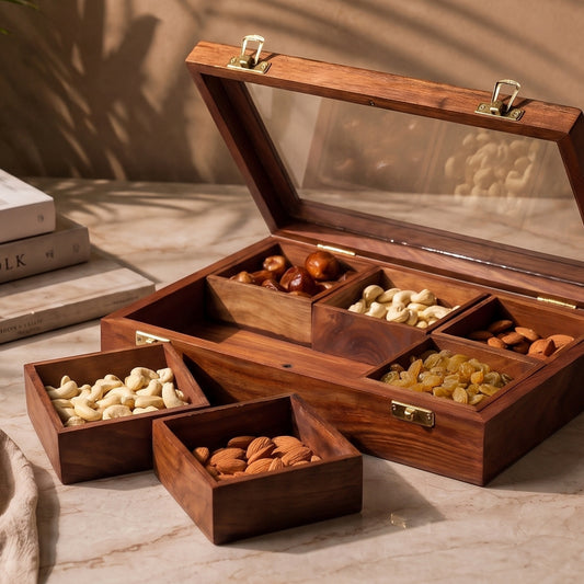 Rectangular Wooden Dry Fruits and Spice Box with 6 Containers