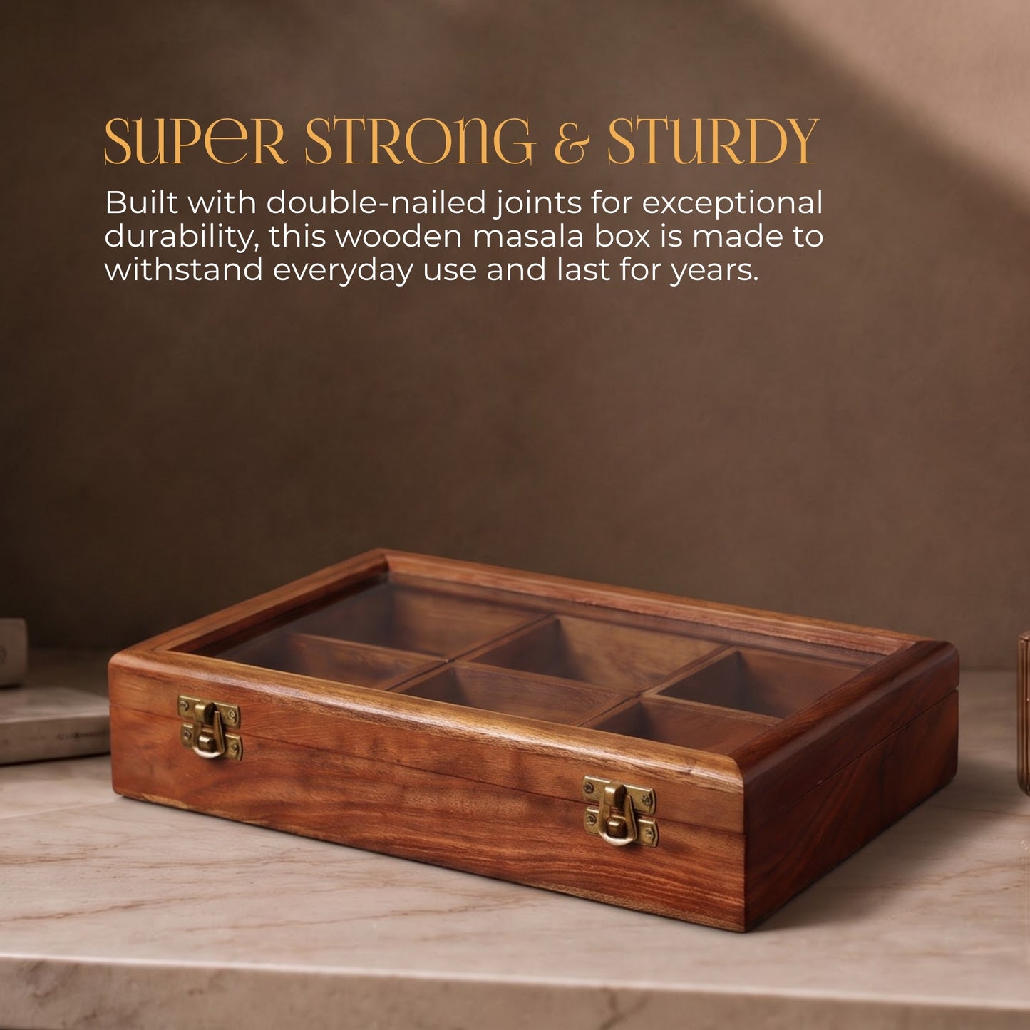 Rectangular Wooden Dry Fruits and Spice Box with 6 Containers