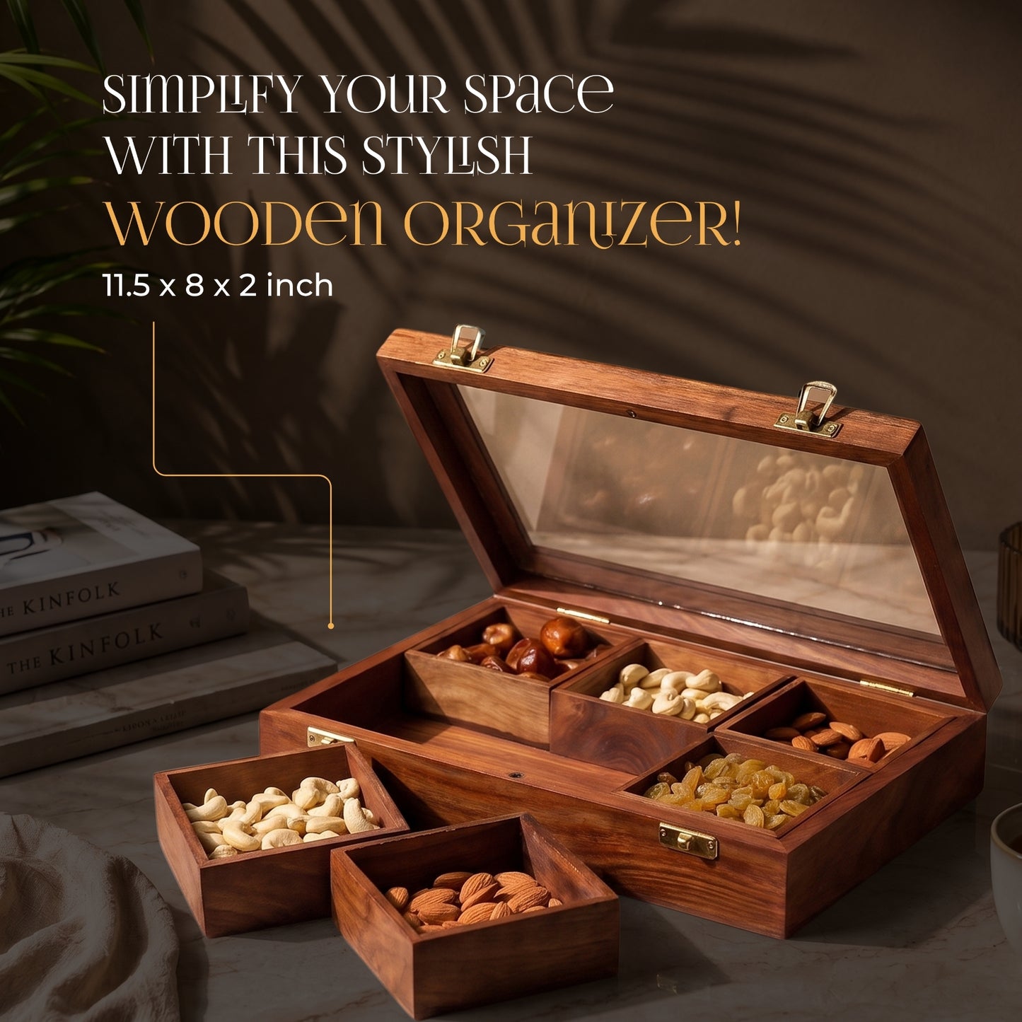 Rectangular Wooden Dry Fruits and Spice Box with 6 Containers