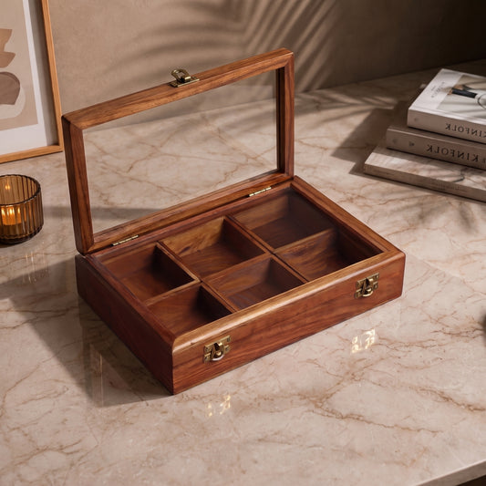 Rectangular Wooden Dry Fruits and Spice Box with 6 Containers