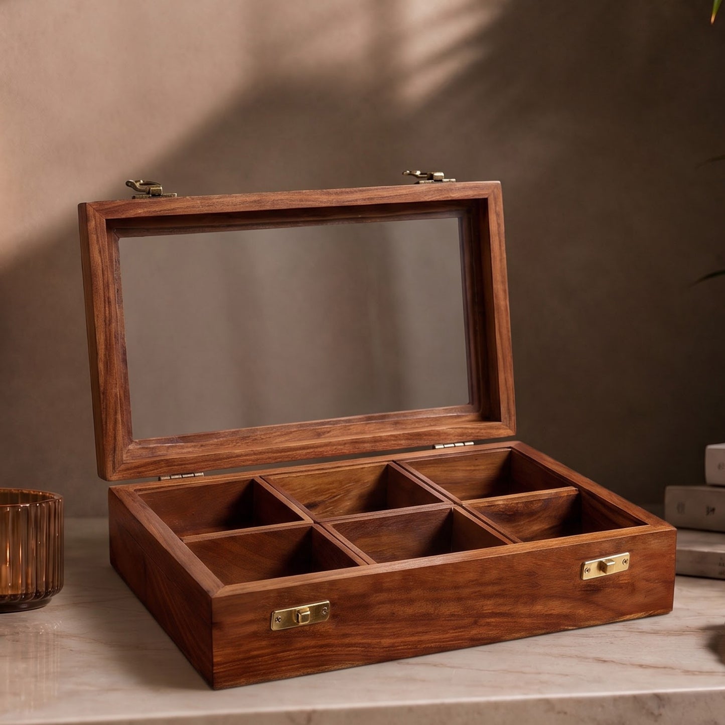 Rectangular Wooden Dry Fruits and Spice Box with 6 Containers