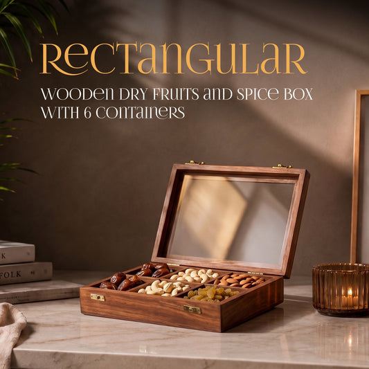 Rectangular Wooden Dry Fruits and Spice Box with 6 Containers