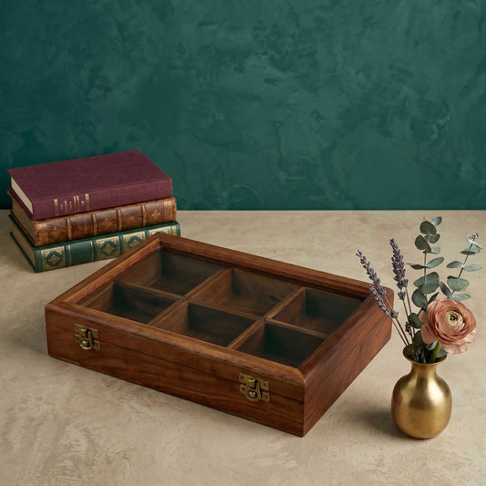 Rectangular Wooden Dry Fruits and Spice Box with 6 Containers