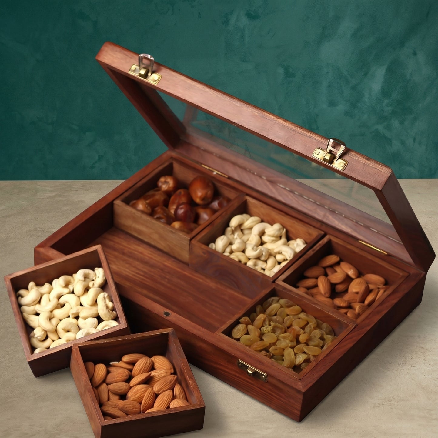 Rectangular Wooden Dry Fruits and Spice Box with 6 Containers