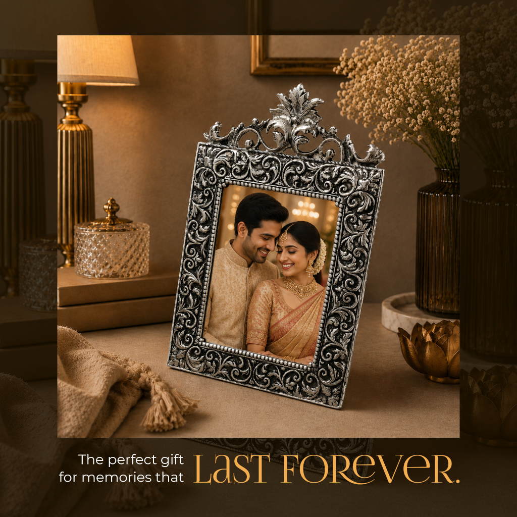 German Silverware Handcrafted Regal Photo Frame | 13×8.5 inch | Premium Blue Velvet Gift Box