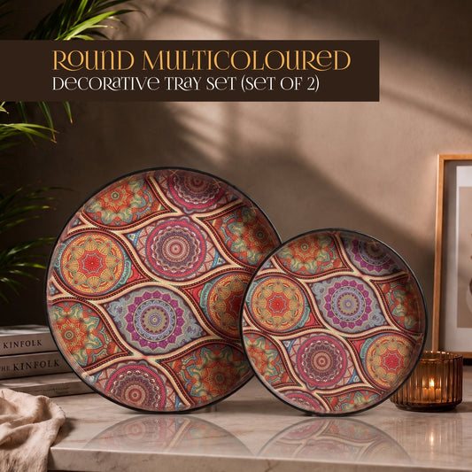 Round Multicoloured Decorative Tray Set (Set of 2)