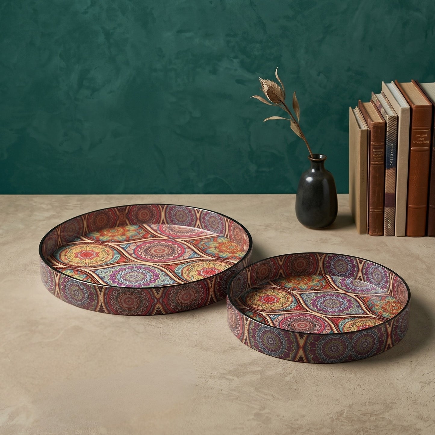 Round Multicoloured Decorative Tray Set (Set of 2)