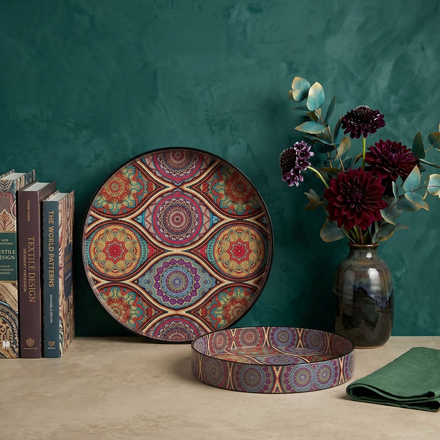 Round Multicoloured Decorative Tray Set (Set of 2)