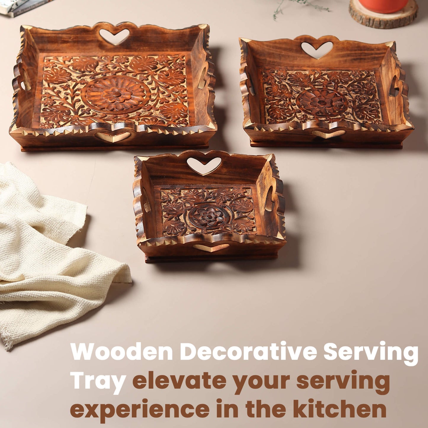 Carved Wooden Trays (Set of 3) + Kettle coaster (set of 6)