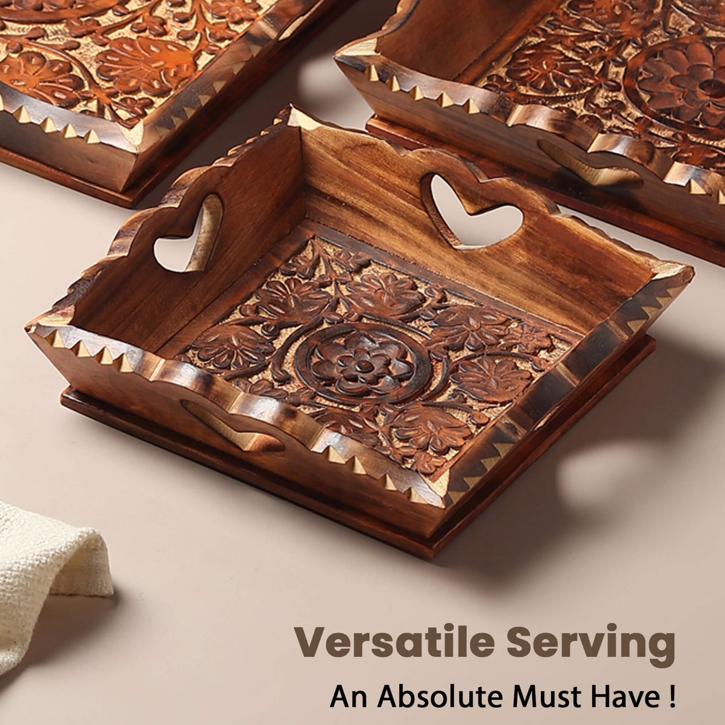 Carved Wooden Trays (Set of 3) + Kettle coaster (set of 6)