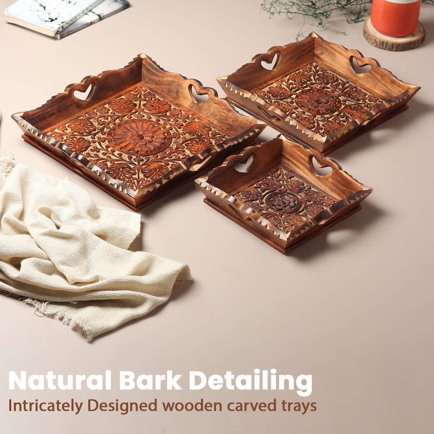 Carved Wooden Trays (Set of 3) + Kettle coaster (set of 6)