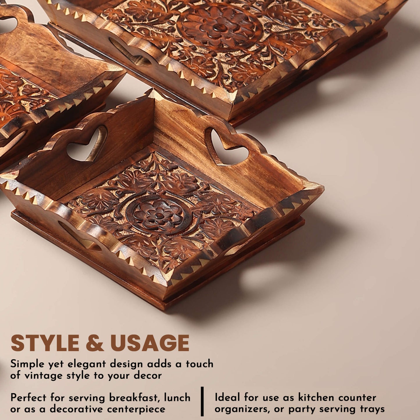 Carved Wooden Trays (Set of 3) + Kettle coaster (set of 6)