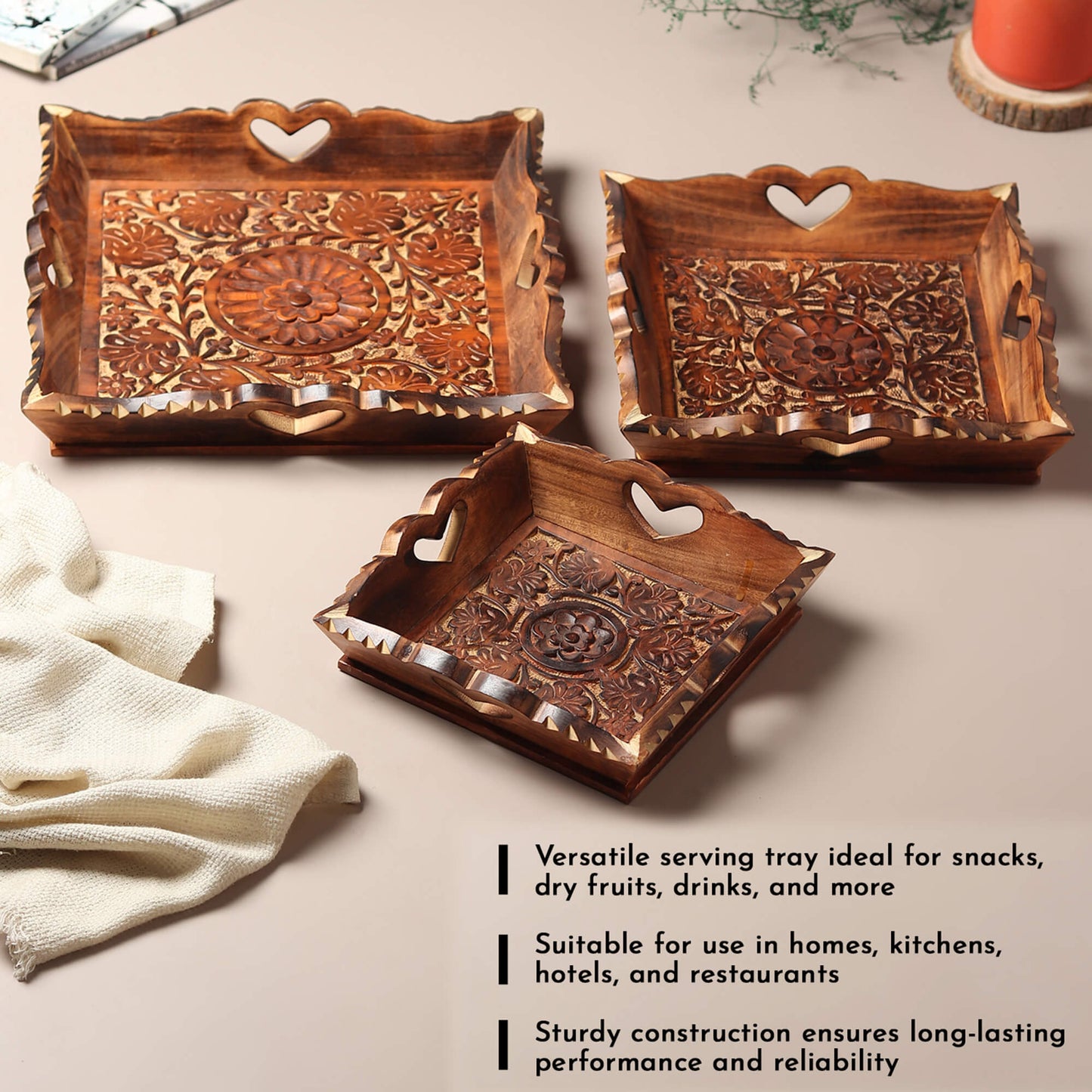 Carved Wooden Trays (Set of 3) + Kettle coaster (set of 6)