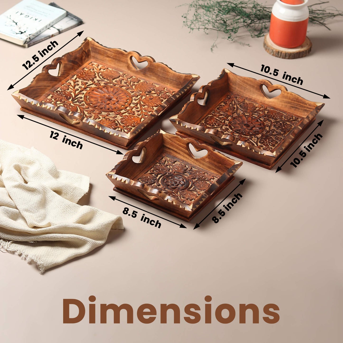 Carved Wooden Trays (Set of 3) + Kettle coaster (set of 6)
