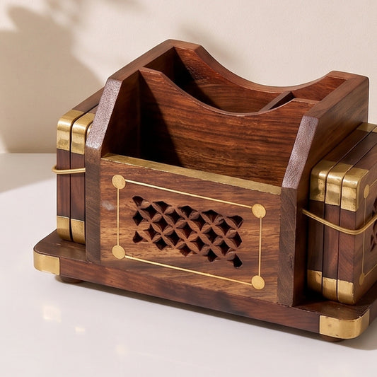 Wooden Pen Stand and Coaster Set in Carved Design (Set of 12)