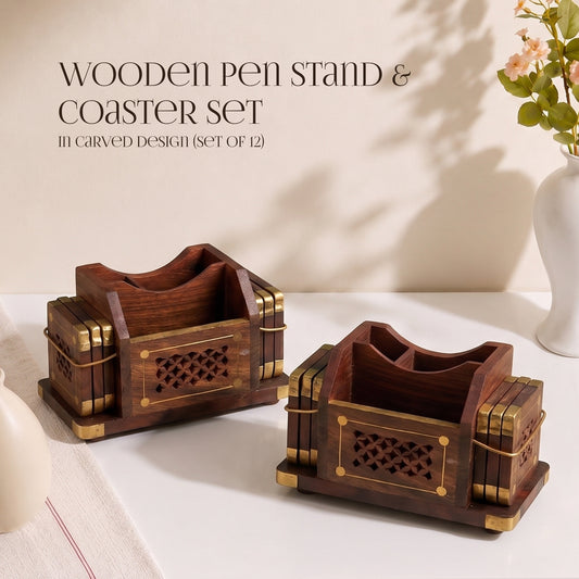 Wooden Pen Stand and Coaster Set in Carved Design (Set of 12)