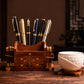Wooden Pen Stand and Coaster Set in Gold Tree Inlay Design (Set of 12) – handcrafted decor piece by Yura Designs