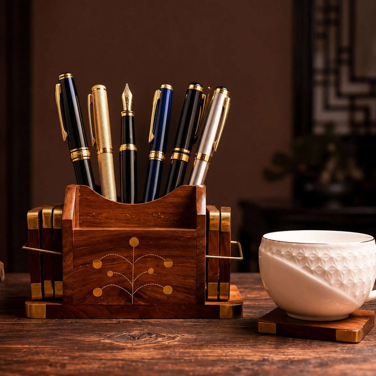 Wooden Pen Stand and Coaster Set in Gold Tree Inlay Design (Set of 12) – handcrafted decor piece by Yura Designs
