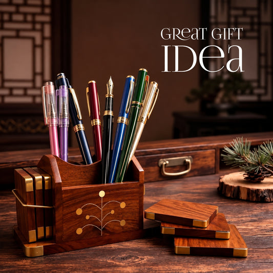 Wooden Pen Stand and Coaster Set in Gold Tree Inlay Design (Set of 12)