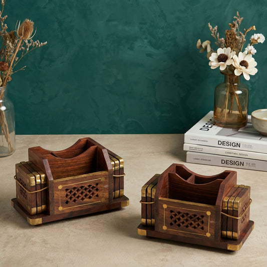 Wooden Pen Stand and Coaster Set in Carved Design (Set of 12)