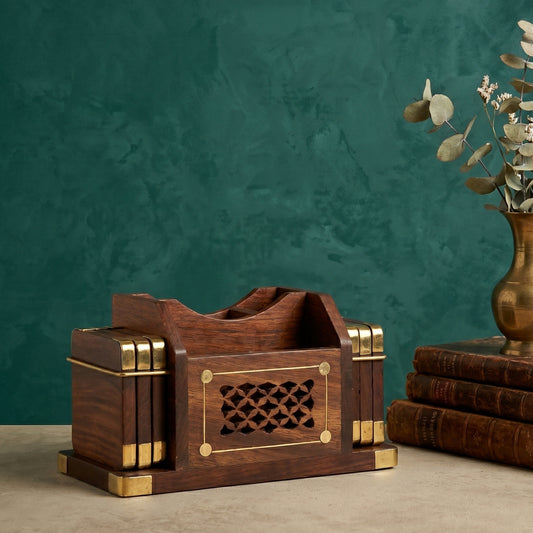 Wooden Pen Stand and Coaster Set in Carved Design (Set of 12)