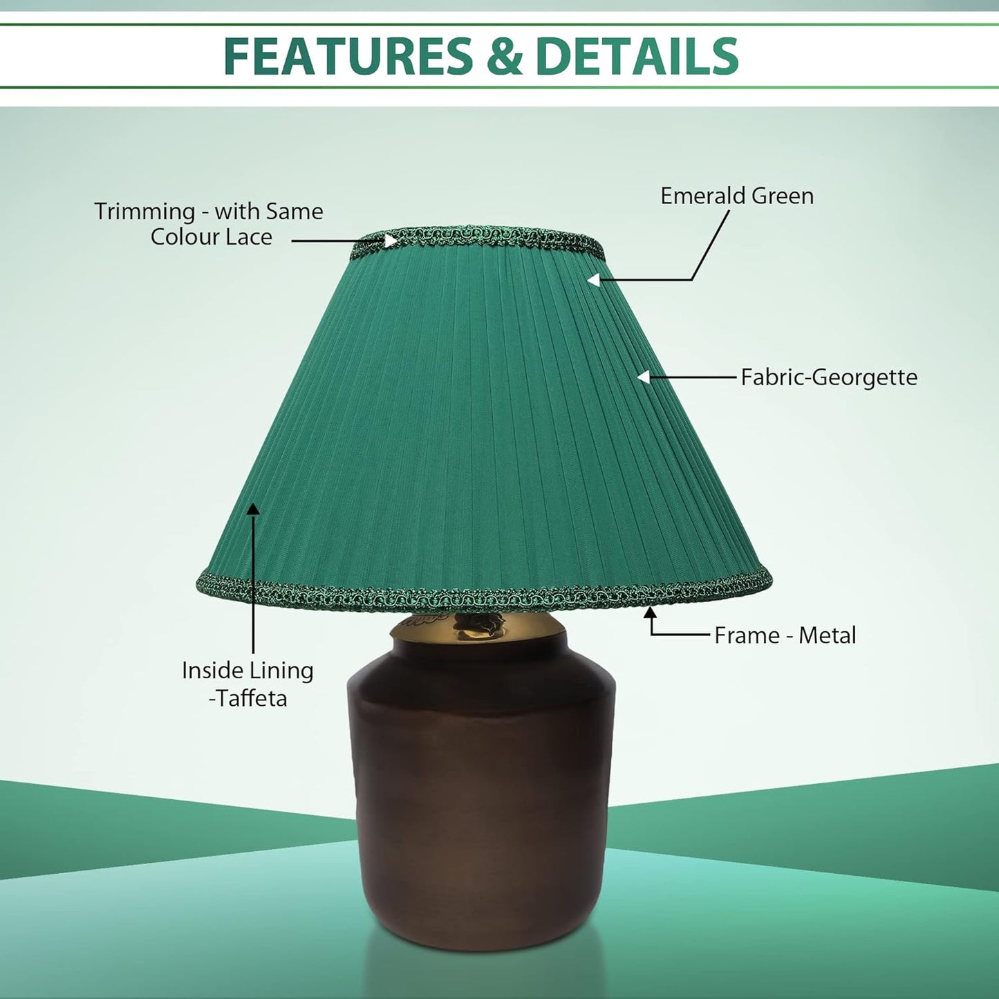 Georgette Pleated Lampshade with Lace Trim in Emerald Green