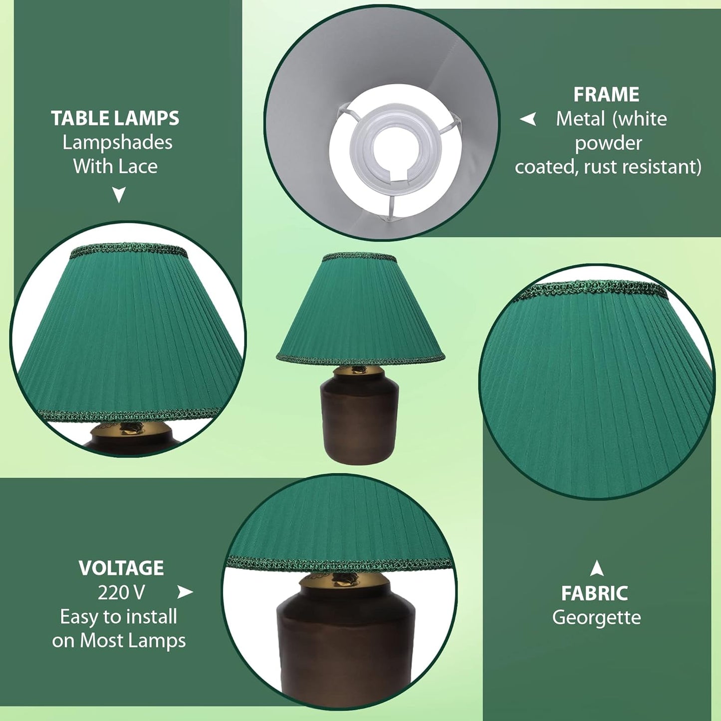 Georgette Pleated Lampshade with Lace Trim in Emerald Green